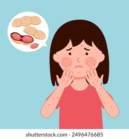 Girl child with peanut allergy symptom in flat design.