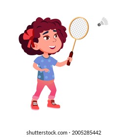 Girl Child Playing Badminton Sport Game Vector. Happiness Caucasian Lady Player Play Badminton With Shuttlecock And Racket In Nature. Character Sportive Active Time Flat Cartoon Illustration