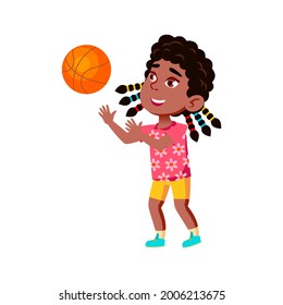 Girl Child Playing Basketball Sport Game Vector. African Happy Sportsgirl Lady Kid Play With Basketball Ball. Character Competition, Active Sportive Lifestyle Flat Cartoon Illustration