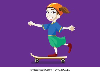 Girl child playing skateboard vector illustration