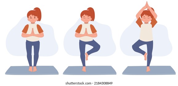 Girl Child Practicing Yoga, Standing In Vrksasana Exercise With Namaste, Tree Pose, Working Out.children And Healthy Lifestyle Sport Vector Illustration.