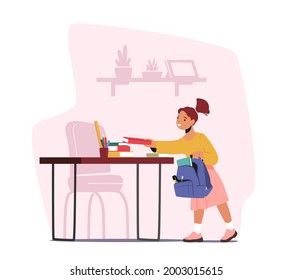 Girl Child Put Studying Supplies and Textbooks in Backpack. Student Character with Book in Hand Prepare to Learning in College. Back to School, Education Concept. Cartoon People Vector Illustration