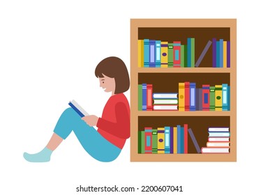 girl child reading book with bookshelf in flat design. I love reading concept. Knowledge is power.