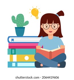 Girl child reading book with stack of books  in flat design. Reading time concept vector illustration. I love reading. Knowledge is power.