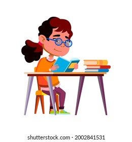 Girl Child Reading Education Book At Table Vector. Asian Little Lady Kid Read Educational Book At Desk, Doing Homework Exercise. Character Schoolgirl Interesting Literature Flat Cartoon Illustration