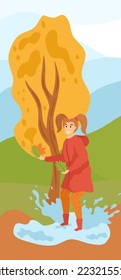 Girl child in rubber boots jumping over a puddle in the rain autumn park vector illustration