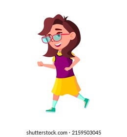 Girl Child Running To Meeting With Friend Vector. Caucasian Happiness Schoolgirl Running With Positive Emotion Outdoor. Character Runner Funny Leisure Time Flat Cartoon Illustration