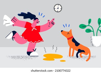 Girl child scold lecture puppy for peeing indoors. Kid train dog not pee in room. Domestic animal or pet bad behavior. Flat vector illustration, cartoon character. 