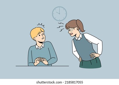 Girl child screaming yelling at classmate. Concept of bullying or harassment at school. Furious kid shout at mate at lesson. Vector illustration. 