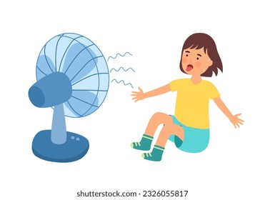 Girl child sitting in front of electric fan blowing in hot summer day vector on white background.