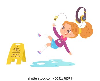 Girl Child Slipping On Wet Slippery Floor Vector Illustration. Cartoon Clumsy Kid Character Listening To Music While Walking, Fall Accident Near Warning Yellow Attention Caution Sign Isolated On White