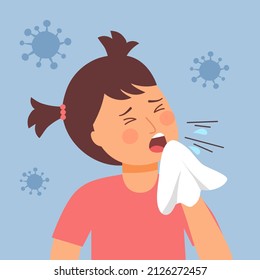 Girl Child Sneezing Concept Vector. Kids Blowing In Handkerchief. Children Catch A Cold From Season Allergy.