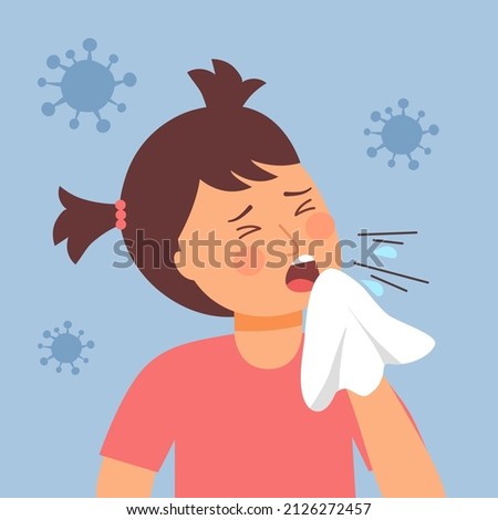Girl child sneezing concept vector. Kids blowing in handkerchief. Children catch a cold from season allergy.
