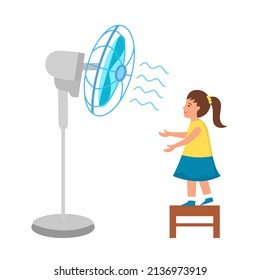 Girl Child Standing On Wood Chair With Electric Fan Blowing In Hot Summer Day In Flat Design On White Background.