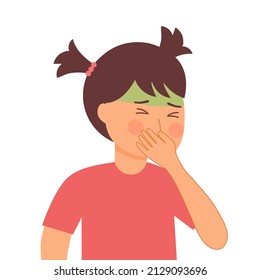 Girl Child Suffering From Vomit And Closing Mouth In Flat Design. Nausea Vomiting Symptom.