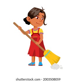 Girl Child Sweeping House Floor With Broom Vector. Smiling Indian Lady Kid Sweep And Clean Home With Broom. Character Infant Housekeeping Routine And Cleaning Flat Cartoon Illustration