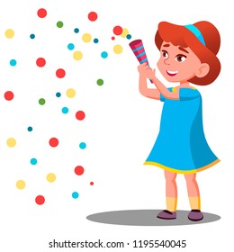 Girl Child Throw Colored Confetti At The Carnival Party Vector. Isolated Illustration