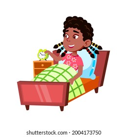 Girl Child Wake Up In Bed Daily Activity Vector. Little African Lady Kid Waking Up And Turn Off Alarm Clock In Morning. Cute Character Resting In Bedroom Furniture Flat Cartoon Illustration