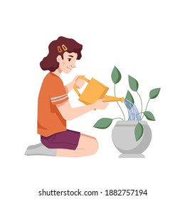 Girl child watering flowerpot with water can isolated flat cartoon character. Vector young caucasian girl sitting on knees and growing plant with leaves, houseplant and kids hobby, indoor activity