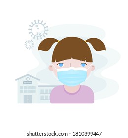 Girl child wearing facial mask in front of the school building. Concept of back to school in the new normal in times of the coronavirus pandemic. Covid-19 symbol. Vector illustration, flat design