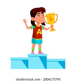 Girl Child Winner On Pedestal With Reward Vector. Asian Preteen Lady Holding Golden Mug Standing On Pedestal And Celebrate Victory In Sport Competition. Character Champion Flat Cartoon Illustration