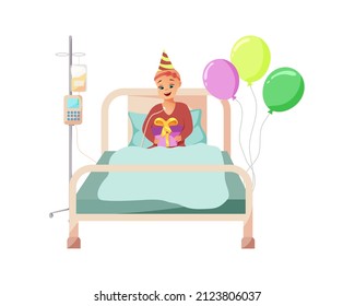 a girl with childhood cancer being treated in a hospital receives gifts and balloons. Chemotherapy drip