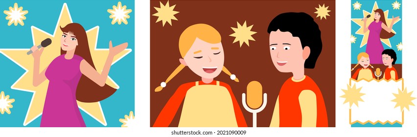 The girl and the children are singing. Vector illustration. Microphone for karaoke. Vocal lessons. Stage performances. Voice recording. Studio theme. Pop music.