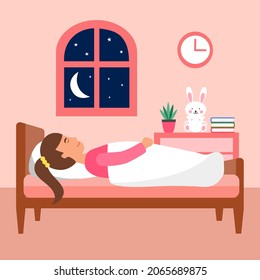 Girl children sleeping in bed under blanket in flat design. Kids sleep in bedroom at night.