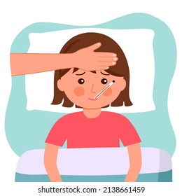 Girl children suffering from flu in bed under blanket with mom’s hand on her forehead. Sick kids has fever and take thermometer in mouth. Flu or cold allergy symptom cartoon. Influenza treatment.