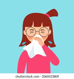 A girl children suffering from flu. Sad kids sneezing in handkerchief or tissue paper. Flu or cold allergy symptom cartoon. Influenza treatment.