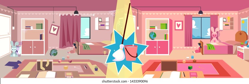 Girl child's room before and after cleaning up with mop broom and bucket. Comparison shot of messy and clean kid bedroom, home interior tidying service banner design- flat cartoon vector illustration