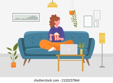 Girl chilling at home. Young character sits on sofa. Evening rest at home, entertainment. Comfort and coziness. Character in apartment. Woman watching movies. Cartoon flat vector illustration