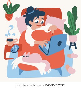 Una chica se relaja con una laptop y un gato en la cama. Concepto de flujo de trabajo remoto lo suficientemente bueno y relajado. Ilustración vectorial simple en estilo colorido de moda.