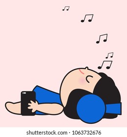 Girl Chilling Listening Music With Headphones Lying On Floor At Home Concept Card Character illustration