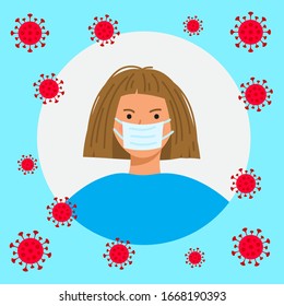 a girl with Chinese coronavirus around. Covid-19 (2019-ncov), which causes pneumonia. Quarantine that prevents the spread of the epidemic.