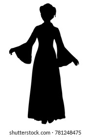 Girl in Chinese national costume silhouette, vector outline portrait, black and white contour drawing. Asian woman full-length in a hanfu, in a traditional dress robe, isolated on white background