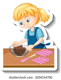 A girl with chocolate in a bowl cartoon sticker illustration