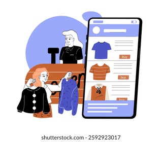 Girl choose clothes in store. Kid with sweaters on hangers. Fashion store or market. Shop with trendy clothes. Aesthetics and elegance. Commerce and retail. Linear vector illustration