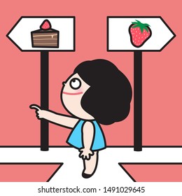 Girl Choose The Direction Of Chocolate Cake Rather Than Strawberry. No Hesitation In Selection Between Treats And Fruits Concept Card Character illustration