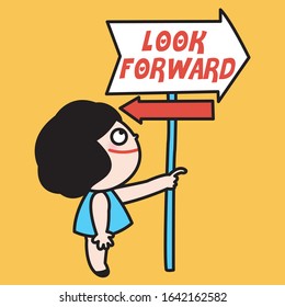 Girl Choose The Direction Of Looking Forward Rather Than Looking back. No Hesitation In Selection Between Future And Past Concept Card Character illustration