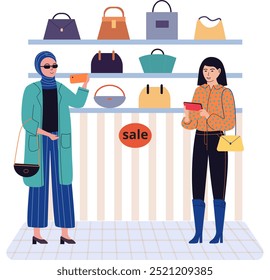 Girl choose handbag in shopping mall. Woman with smartphone shopping in boutique. Girl with mobile phone looks at bags assortment in store. Customer buying and making payments with digital gadget