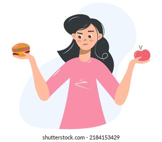 Girl chooses between healthy and unhealthy food concept flat vector illustration. Diet and healthy eating female cartoon character. A young woman thinks what to eat a hamburger or an apple.