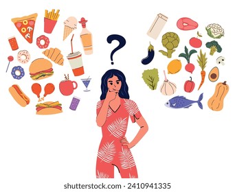 
A girl chooses between healthy and unhealthy food. Diet. Flat style and character. Nutrition concept. Diet. Vector illustration. Isolated. Balanced food. Comparisons of junk food and organic food. 
