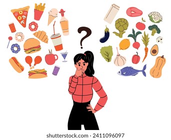 Las niñas eligen entre comida saludable y no saludable. Dieta. Estilo y carácter plano. Comparaciones de comida chatarra y comida orgánica. Menú. Concepto de nutrición. Dieta y dietética. Comida equilibrada. 