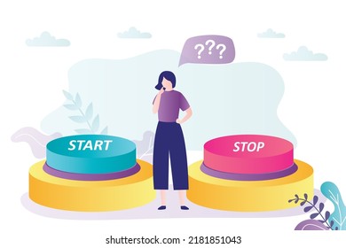 Girl chooses between two opposite buttons. Female character doubts decision to activate. Cute woman decides to press start and stop button. Person makes difficult choice. Flat vector illustration