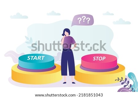 Girl chooses between two opposite buttons. Female character doubts decision to activate. Cute woman decides to press start and stop button. Person makes difficult choice. Flat vector illustration