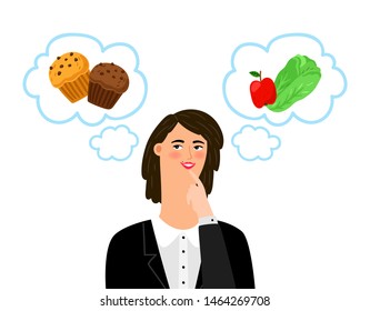 Girl chooses between unhealthy and healthy food. Diet, dietology vector concept. Illustration of girl choosing unhealthy nutrition and dieting