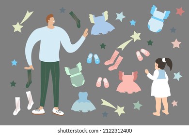 The girl chooses clothes with her dad. The child chooses an outfit. Baby clothes. Dress body ballerina crown. Dad and daughter