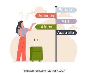 Girl chooses continent to plan summer vacation. Woman with luggage stands near sign board. Signpost direction chosen. Journey destination, arrow pointer cartoon isolated vector concept