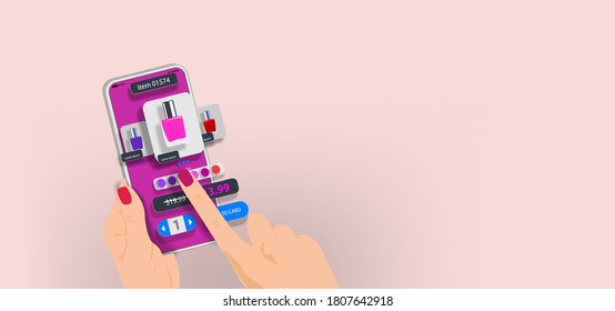 The girl chooses cosmetics in the app on the mobile phone screen. Vector banner